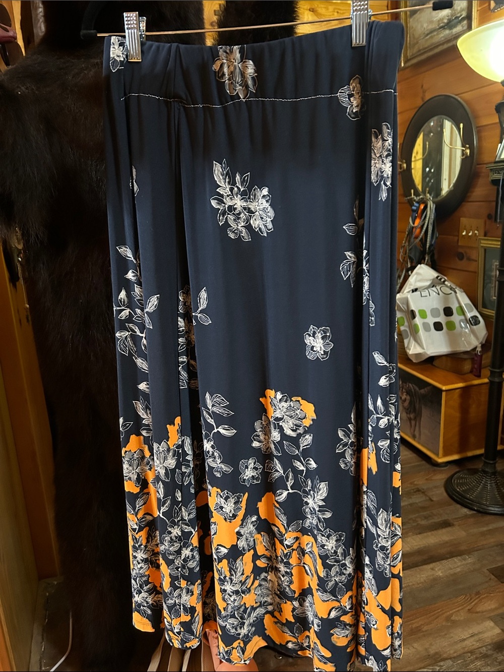 Women's Navy and Orange Floral Maxi Skirt — Elastic Waist